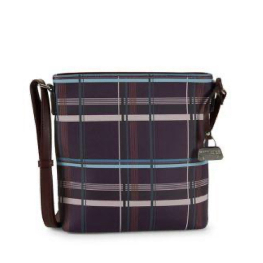 Mark Adam Plum Plaid Crossbody Bag Adjustable Strap 10x10.5x2 PU Leather Silver